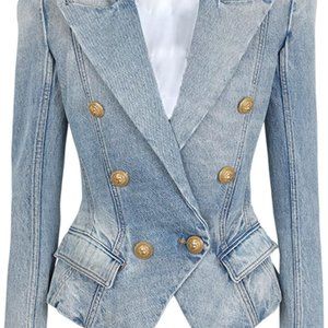 New! Slim-fit faded denim jean tailored jacket blazer with gold buttons